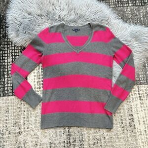 Gap Woman's Long Sleeve Luxe Angora V-Neck Pink & Gray Striped Sweater SZ Medium